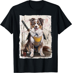 Samurai Australian Shepherd Dog Japanese Vintage Art Gift T-Shirt - T-Shirt | Black