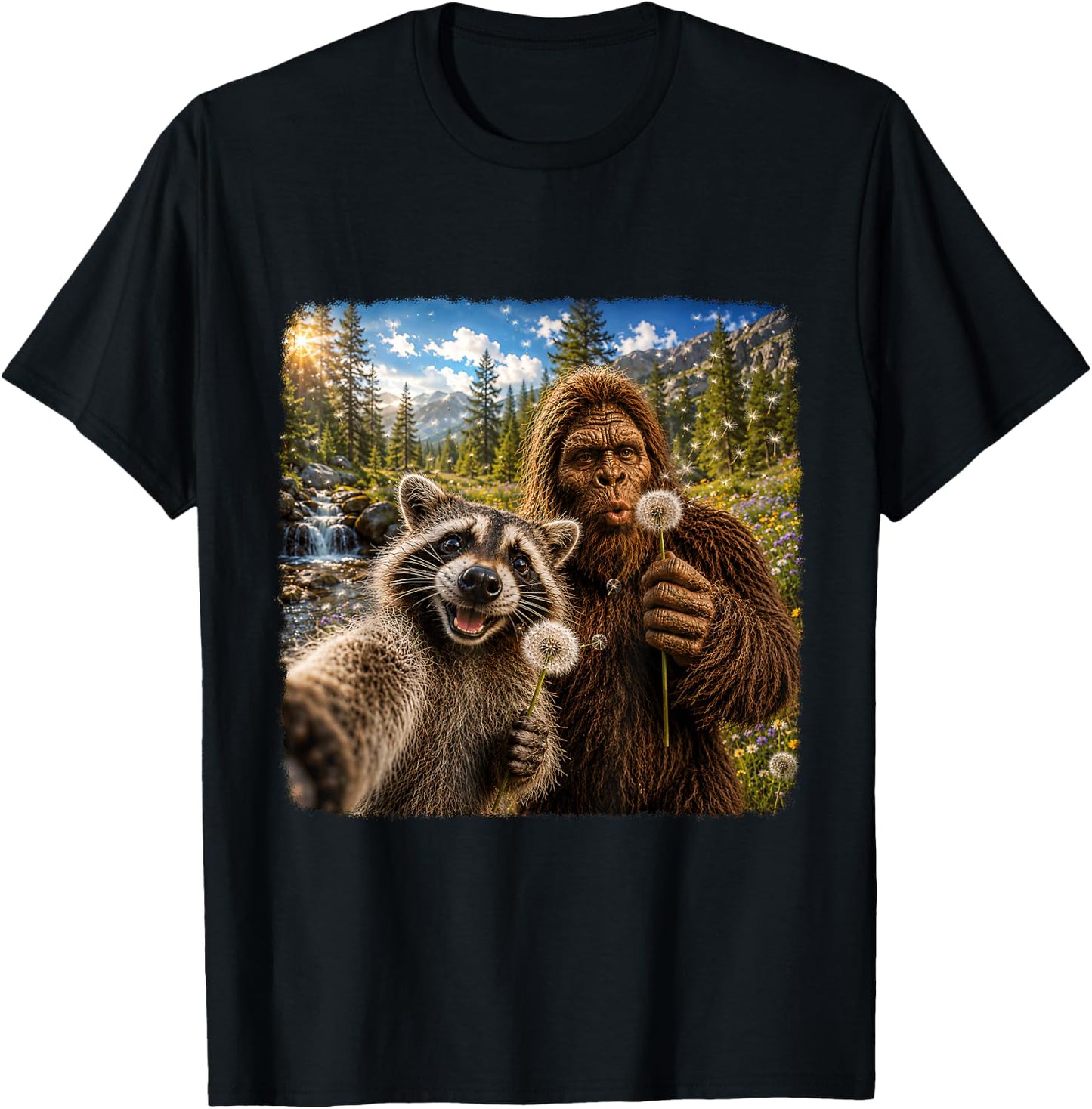Funny Sasquatch Raccoon Dandelion Nature Lover Graphic T-Shirt - T-Shirt | Black