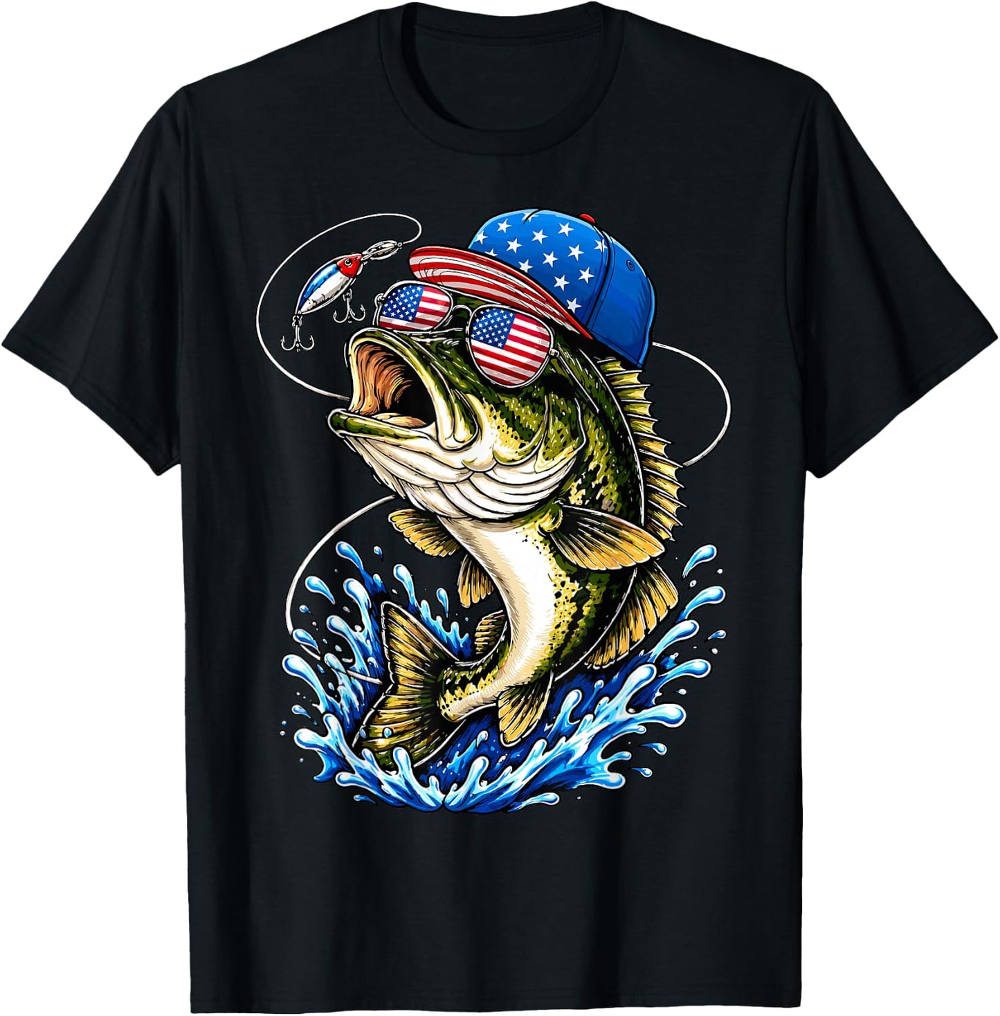 Fishing USA American Flag 4th of July Fisherman T-Shirt - T-Shirt | Black