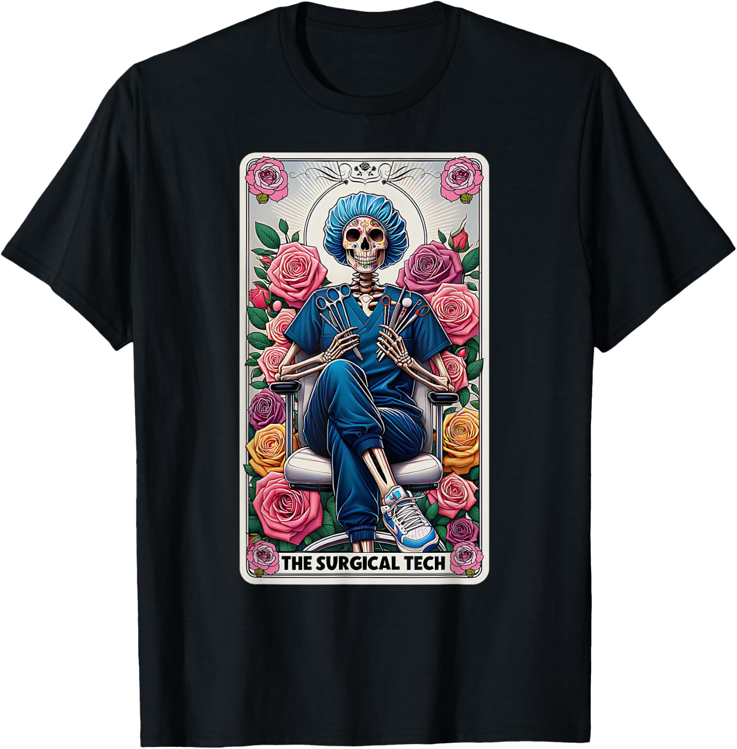 The Surgical Tech Tarot Card Skeleton Rose Flower OR Nurse T-Shirt - T-Shirt | Black
