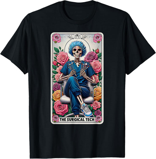 The Surgical Tech Tarot Card Skeleton Rose Flower OR Nurse T-Shirt - T-Shirt | Black
