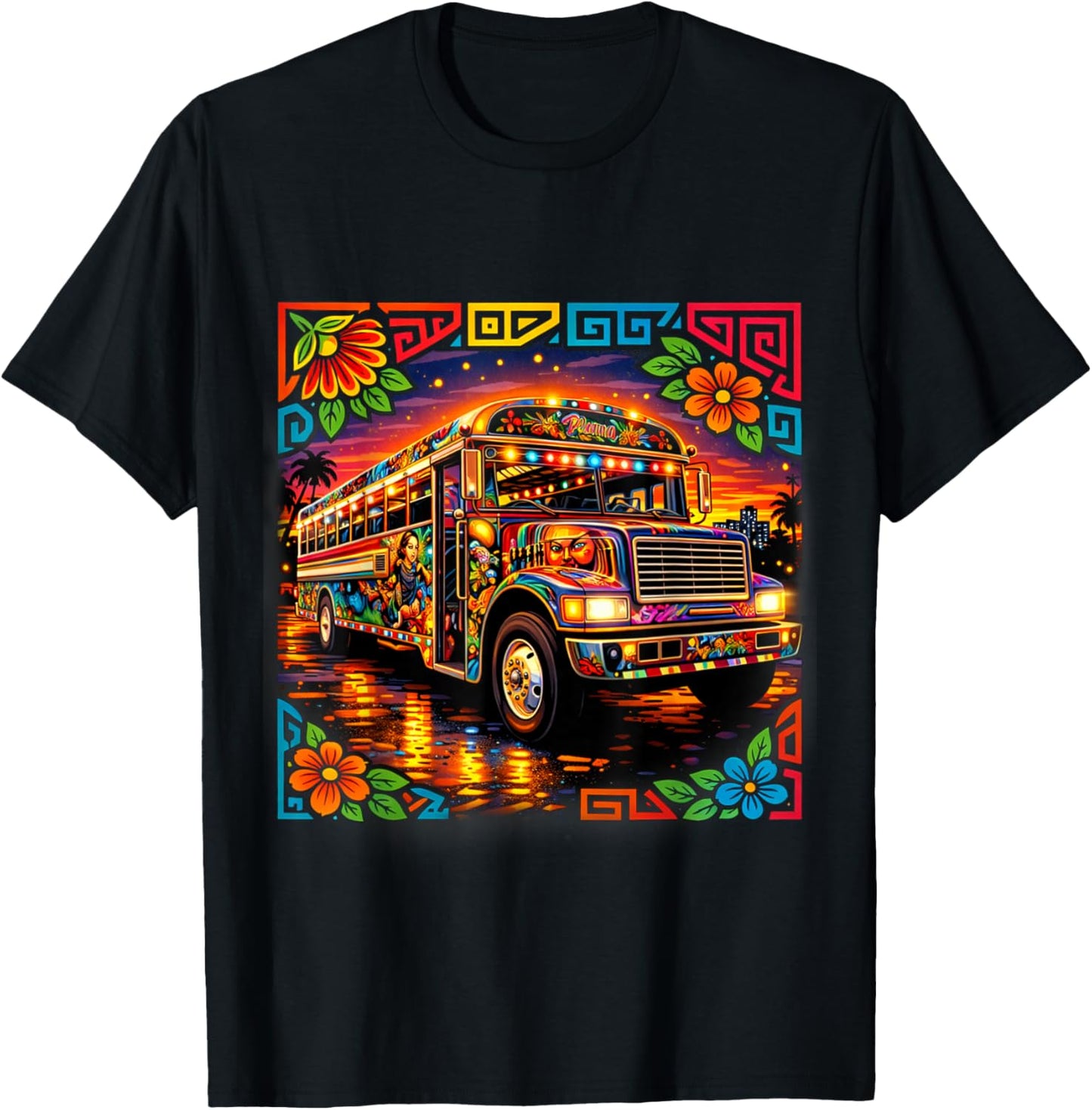 Diablo Rojo Bus Inspired by Mola Art Panama Cultural Design T-Shirt - T-Shirt | Black