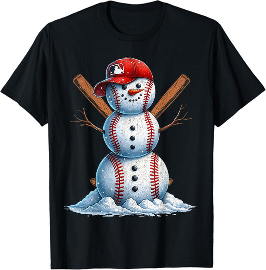 Baseball Snowman Balls Snow Christmas Xmas Men Women Player T-Shirt - T-Shirt | Black