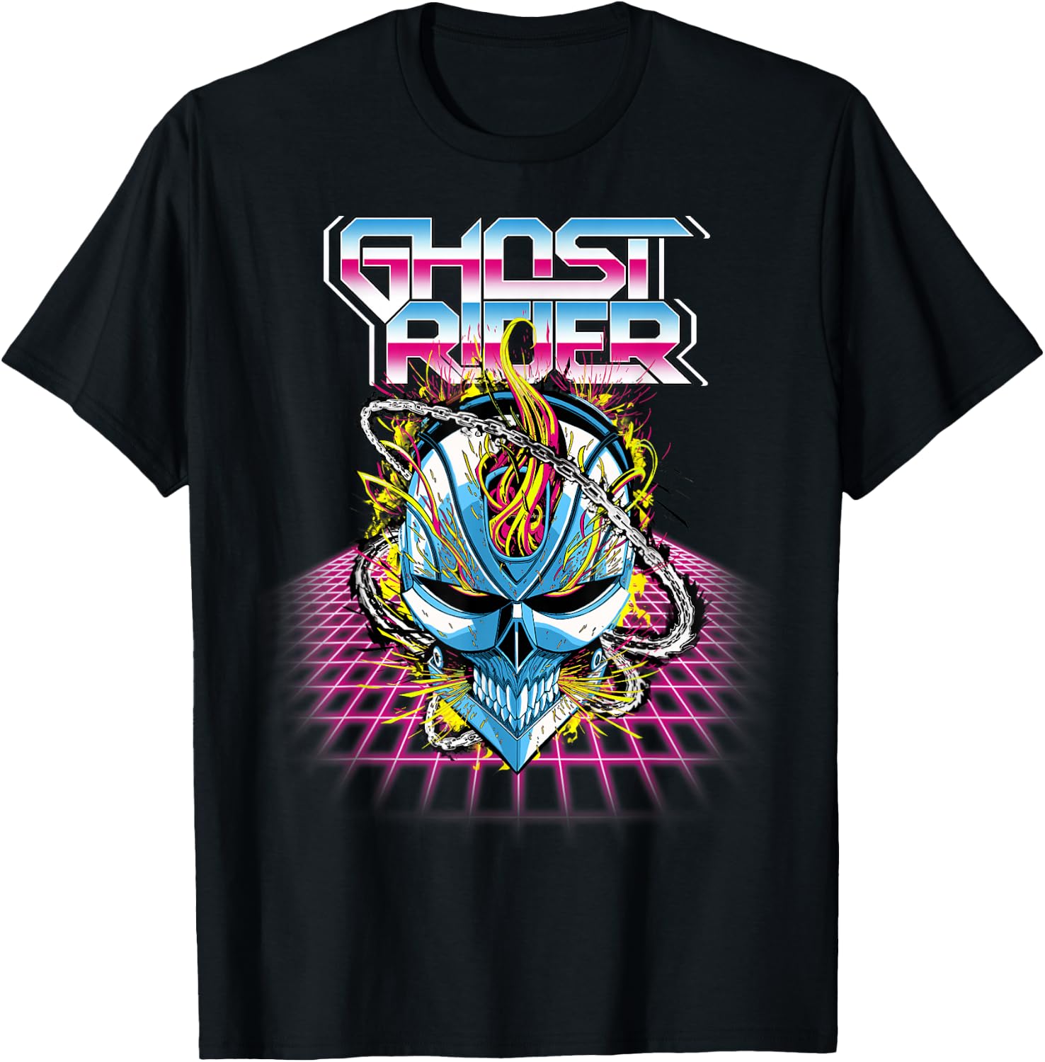 Marvel Ghost Rider Super 80s Retro Neon Grid Graphic T-Shirt - T-Shirt | Black