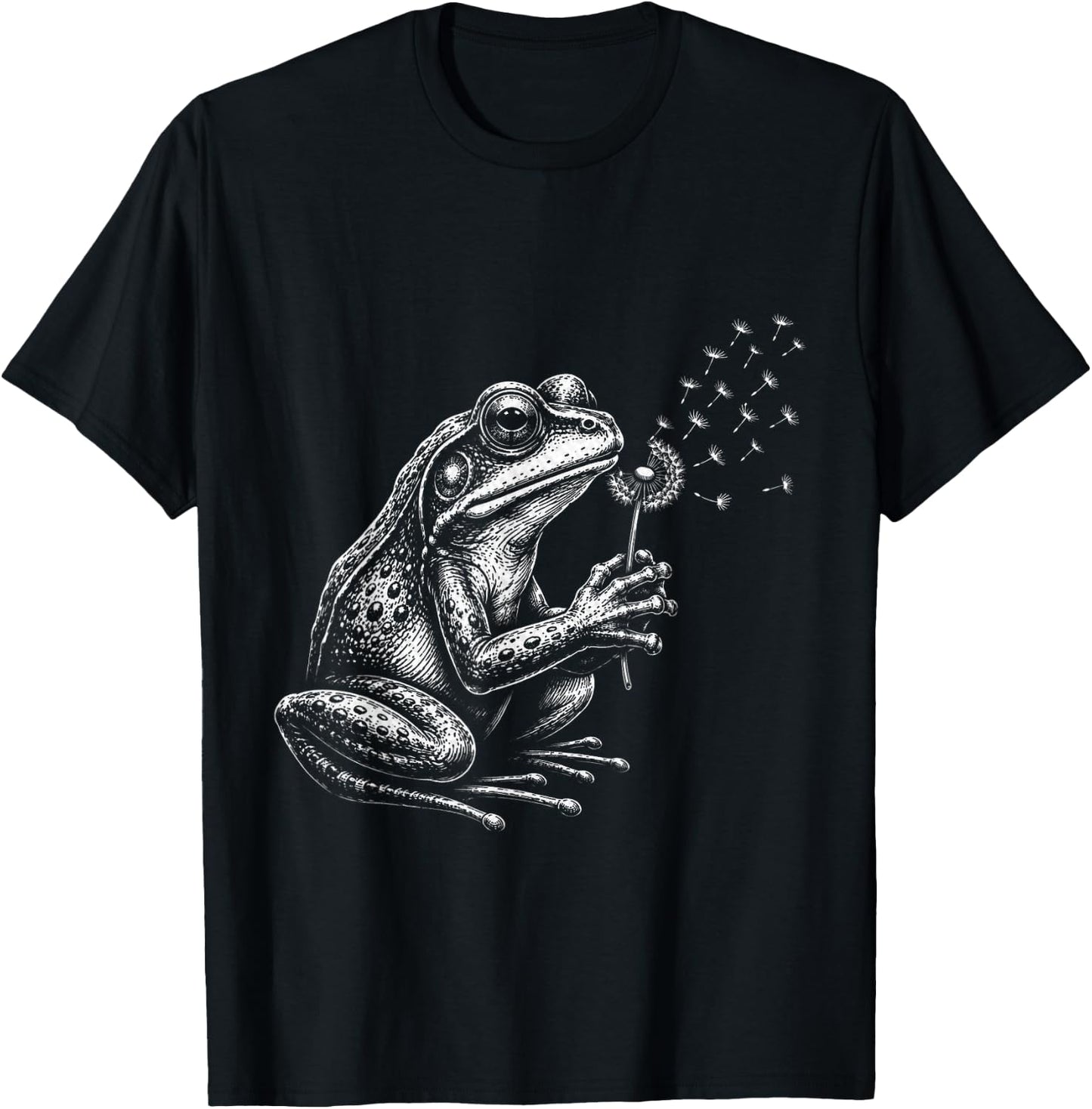 Blowing Wishes Frog Blowing Dandelion Vintage Art T-Shirt - T-Shirt | Black