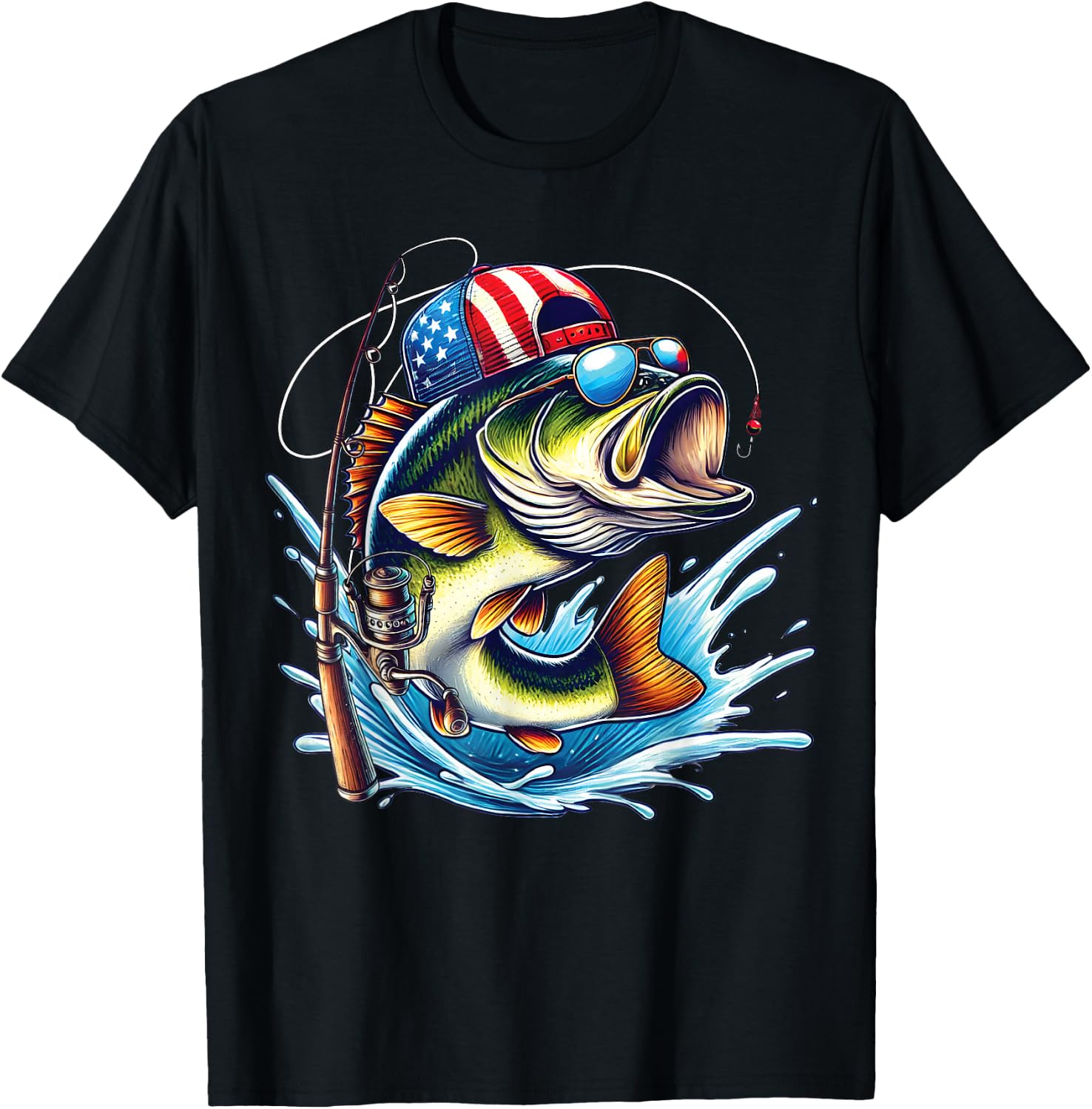 American Flag Fishing Lovers Fisherman Funny Fishing USA T-Shirt - T-Shirt | Black