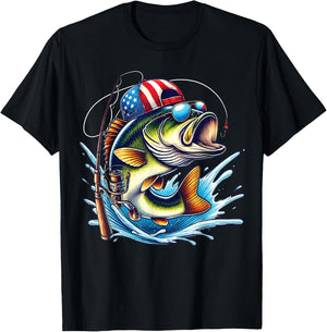 American Flag Fishing Lovers Fisherman Funny Fishing USA T-Shirt - T-Shirt | Black