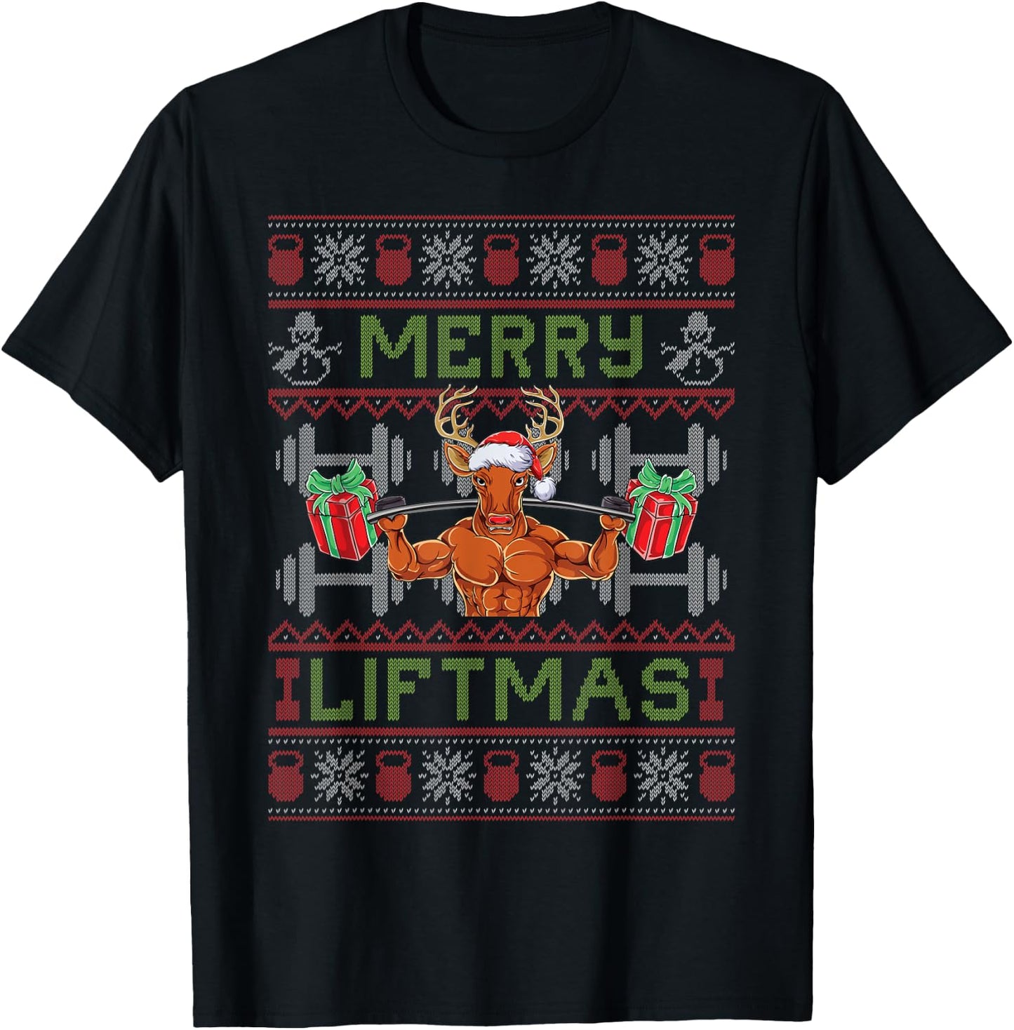Merry Liftmas - Fitness Reindeer Santa Christmas Bodybuilder T-Shirt - T-Shirt | Black