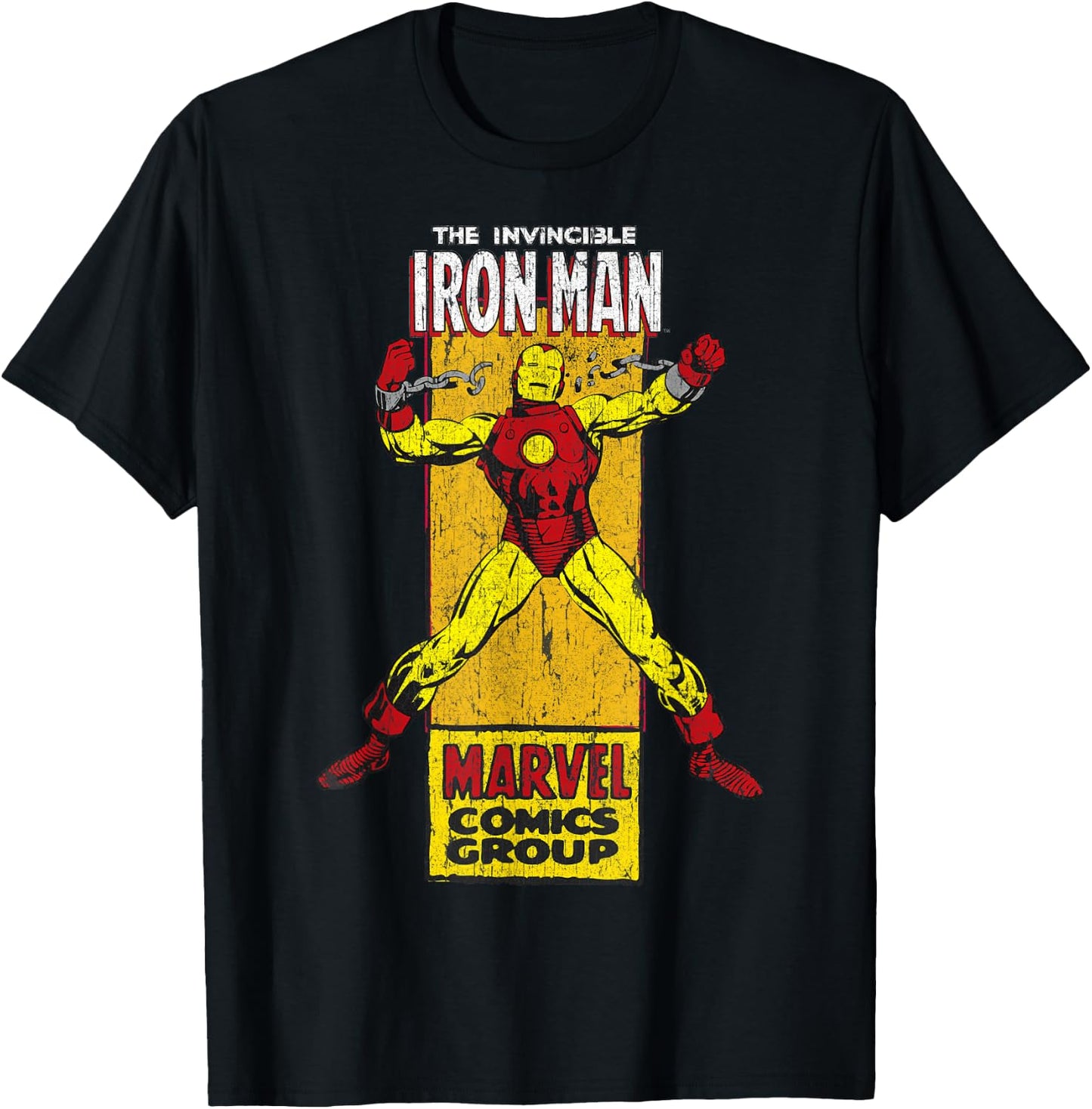 Marvel The Invincible Iron Man Retro Comic Side Panel Stamp T-Shirt - T-Shirt | Black