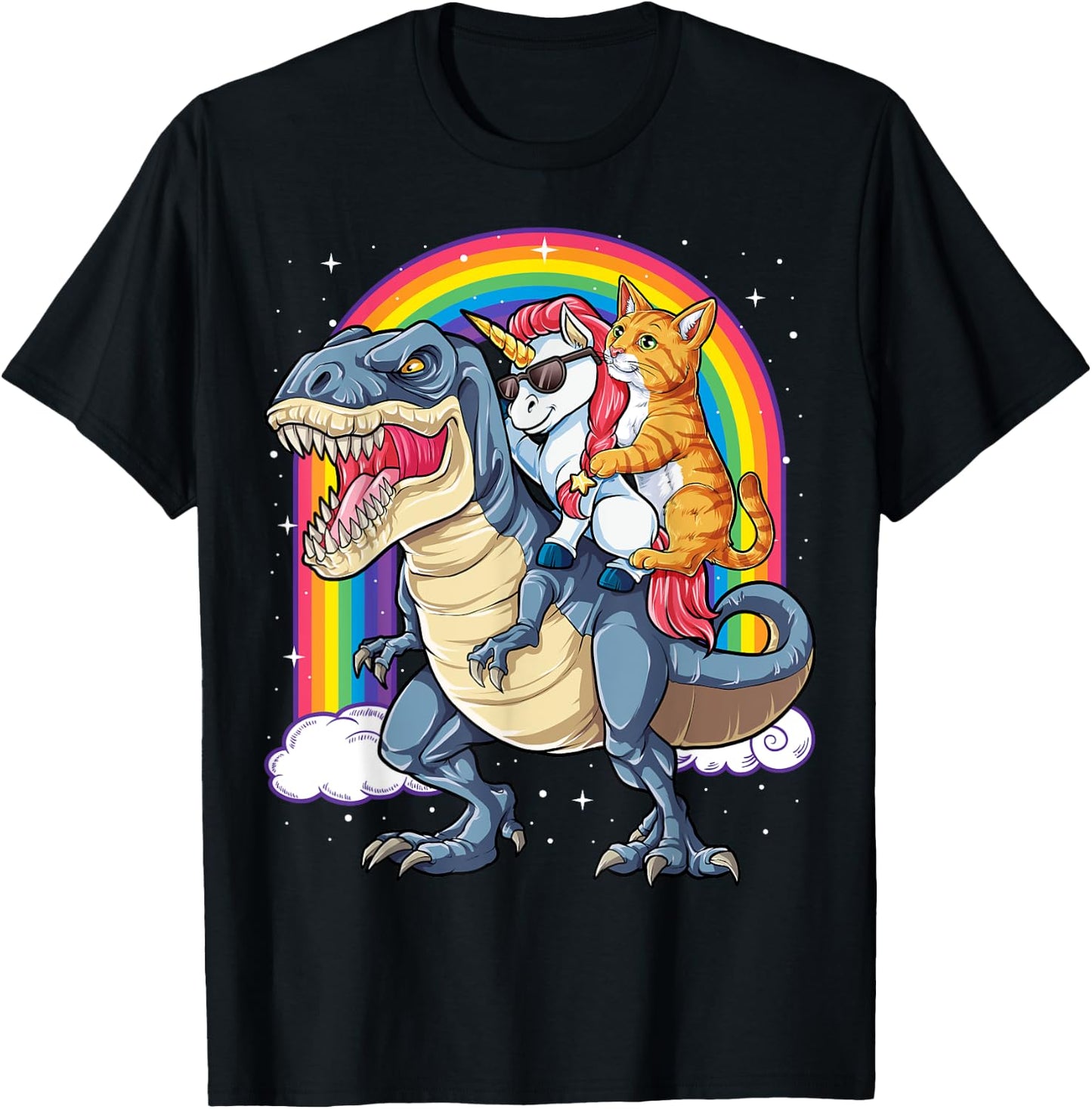 Cat Unicorn Riding Dinosaur T rex Kitten Lover Space Galaxy Women Kids T-Shirt - T-Shirt | Black