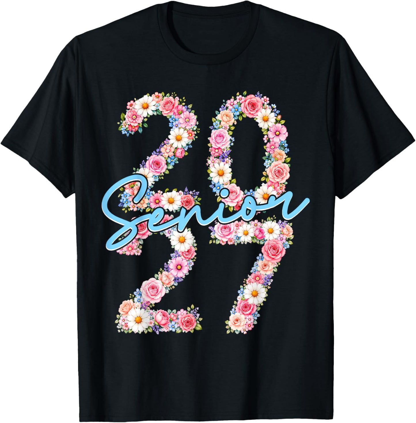 Girl Senior 2027 Class of 2027 Floral Flower Graduation Grad T-Shirt - T-Shirt | Black