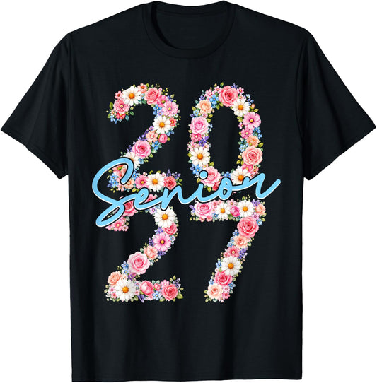 Girl Senior 2027 Class of 2027 Floral Flower Graduation Grad T-Shirt - T-Shirt | Black