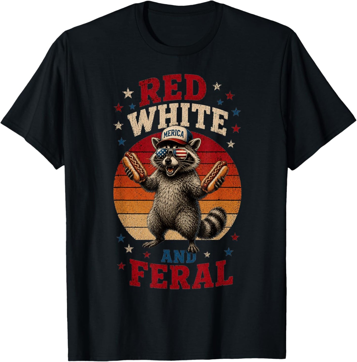Preppy Red White and Feral Raccoon 4th of July Men Women Kid T-Shirt - T-Shirt | Black