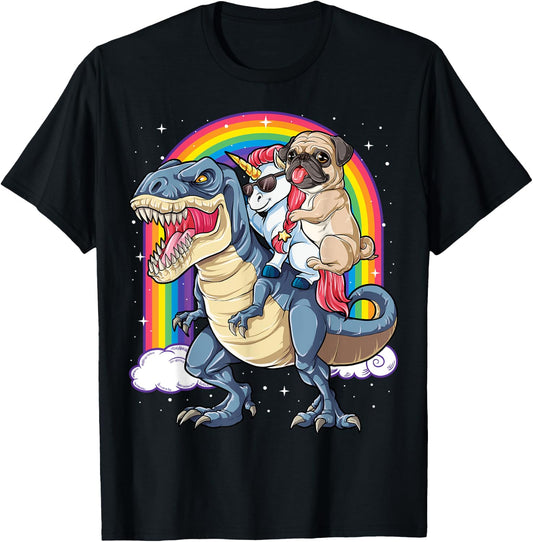 Pug Unicorn Dinosaur T rex T shirt Kids Girls Women Rainbow T-Shirt - T-Shirt | Black