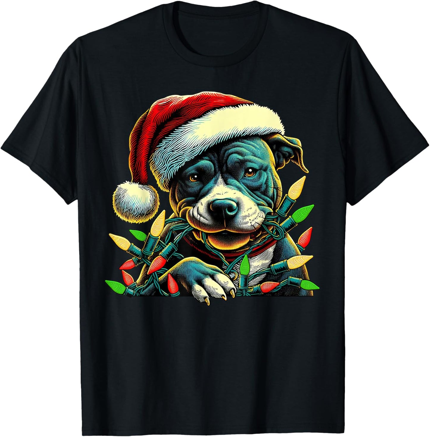 Pit Bull Chew Christmas Light Pitbull Xmas Funny Holiday T-Shirt - T-Shirt | Black
