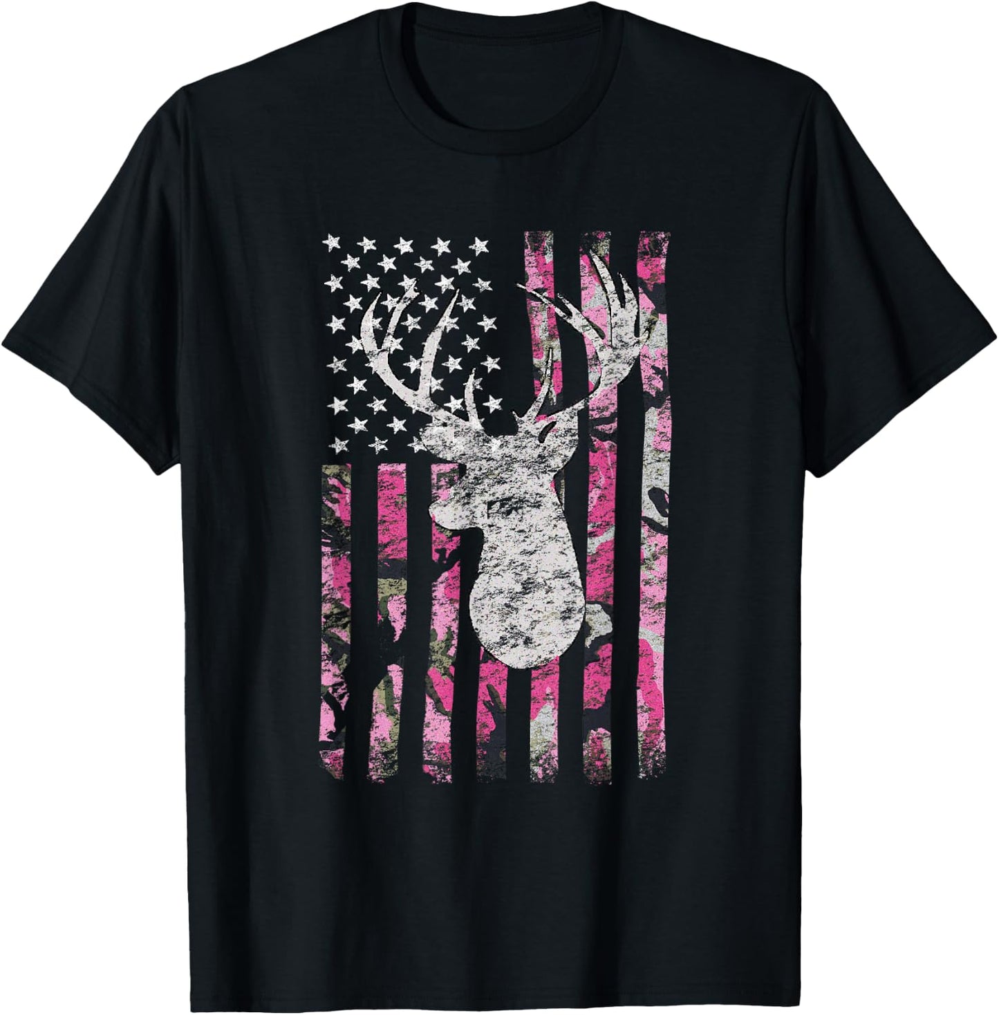 Deer Hunting Camo American Flag Pink Buck T-Shirt - T-Shirt | Black