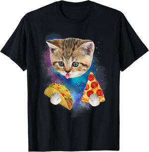 Funny Galaxy Taco Cat | Space Cat Eat Pizza and Taco T-Shirt - T-Shirt | Black