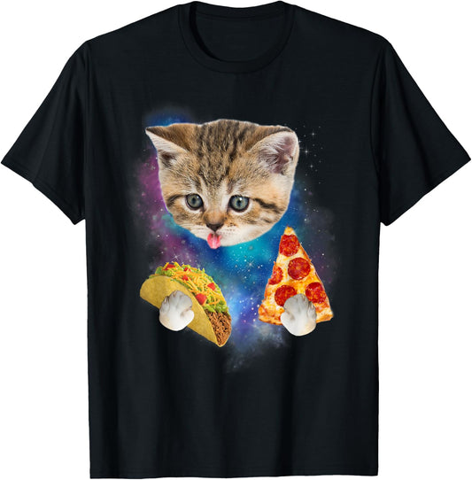 Funny Galaxy Taco Cat | Space Cat Eat Pizza and Taco T-Shirt - T-Shirt | Black