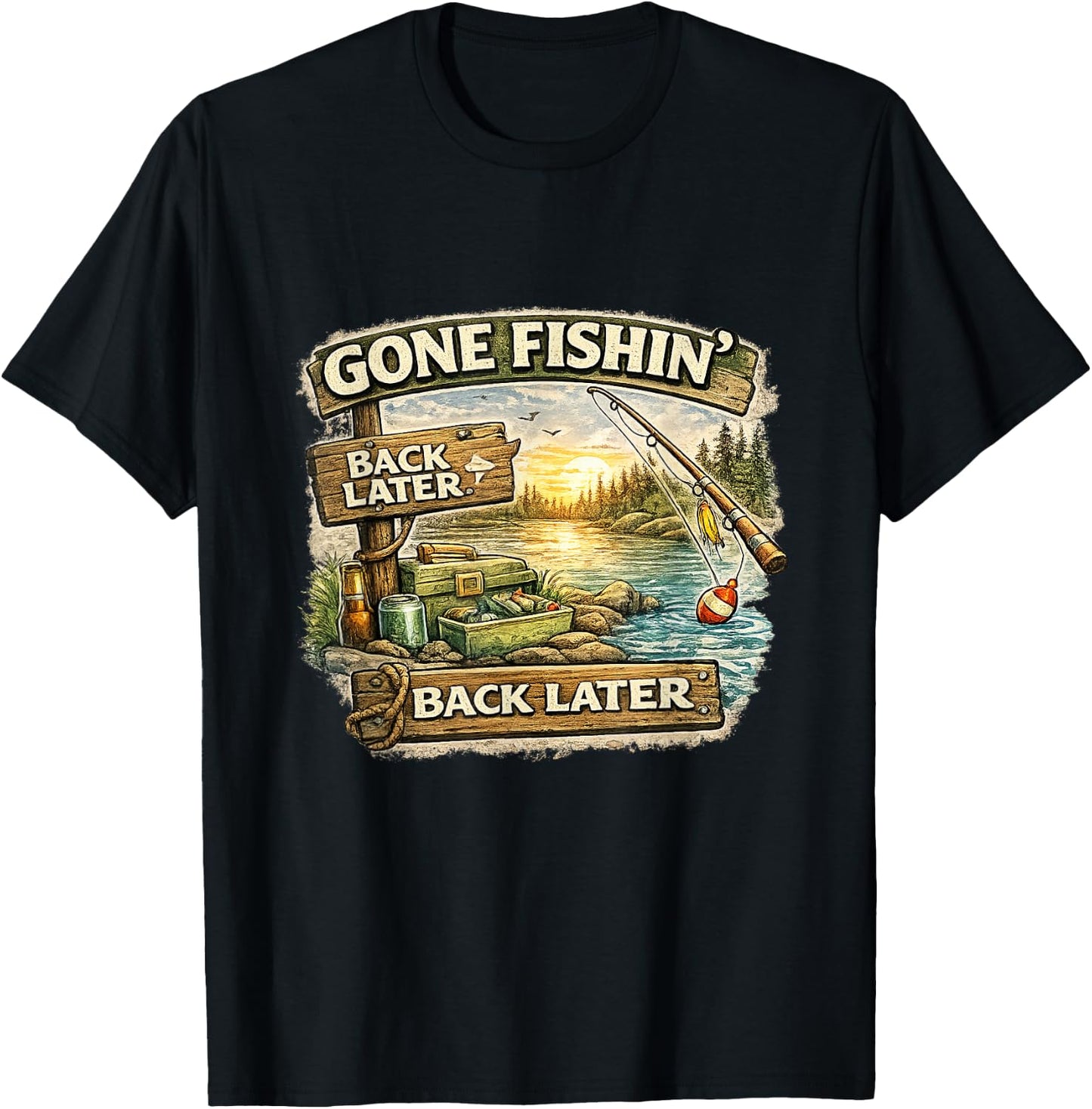 Gone Fishin Back Later Funny Fishing Shirt T-Shirt - T-Shirt | Black