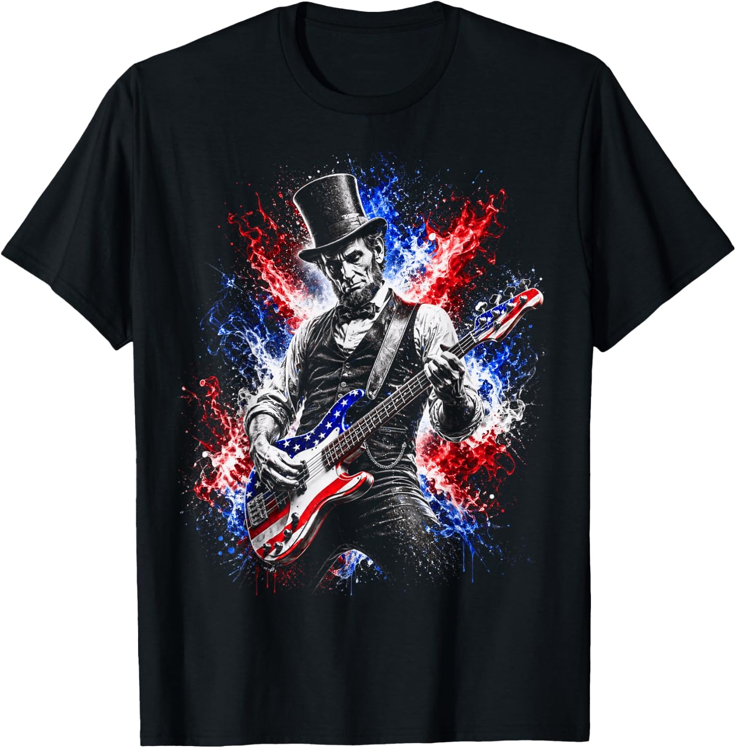 abe Lincoln Playing Guitar USA Flag 4th July Lincoln Guitar T-Shirt - T-Shirt | Black