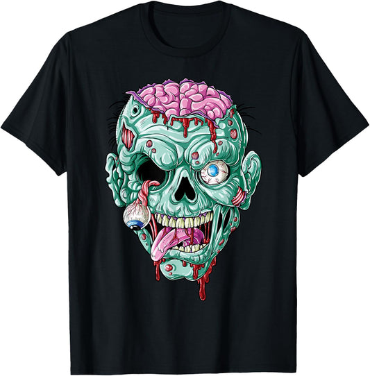 Zombie Face Brain Halloween Boys Men Women Girls Scary Funny T-Shirt - T-Shirt | Black