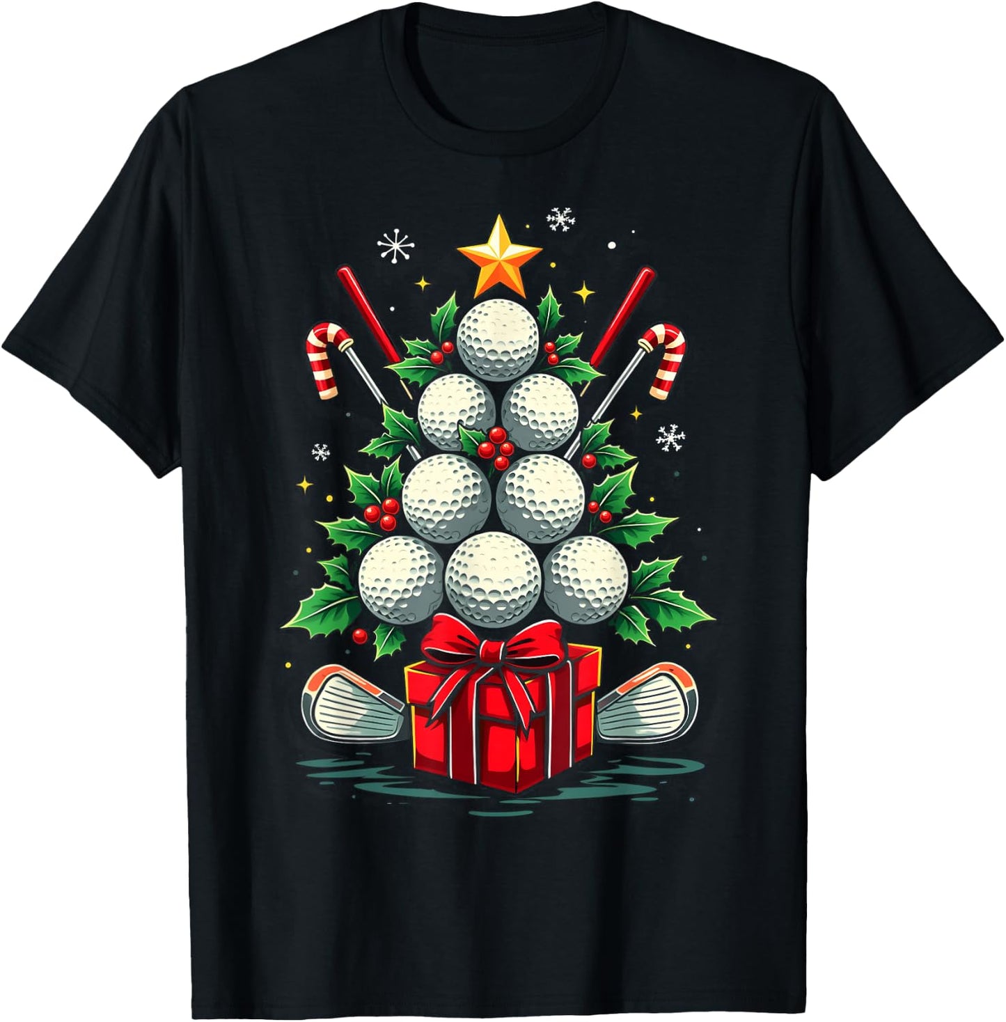 Funny Golf Ball Christmas Tree Santa Hat Xmas Men Women T-Shirt - T-Shirt | Black