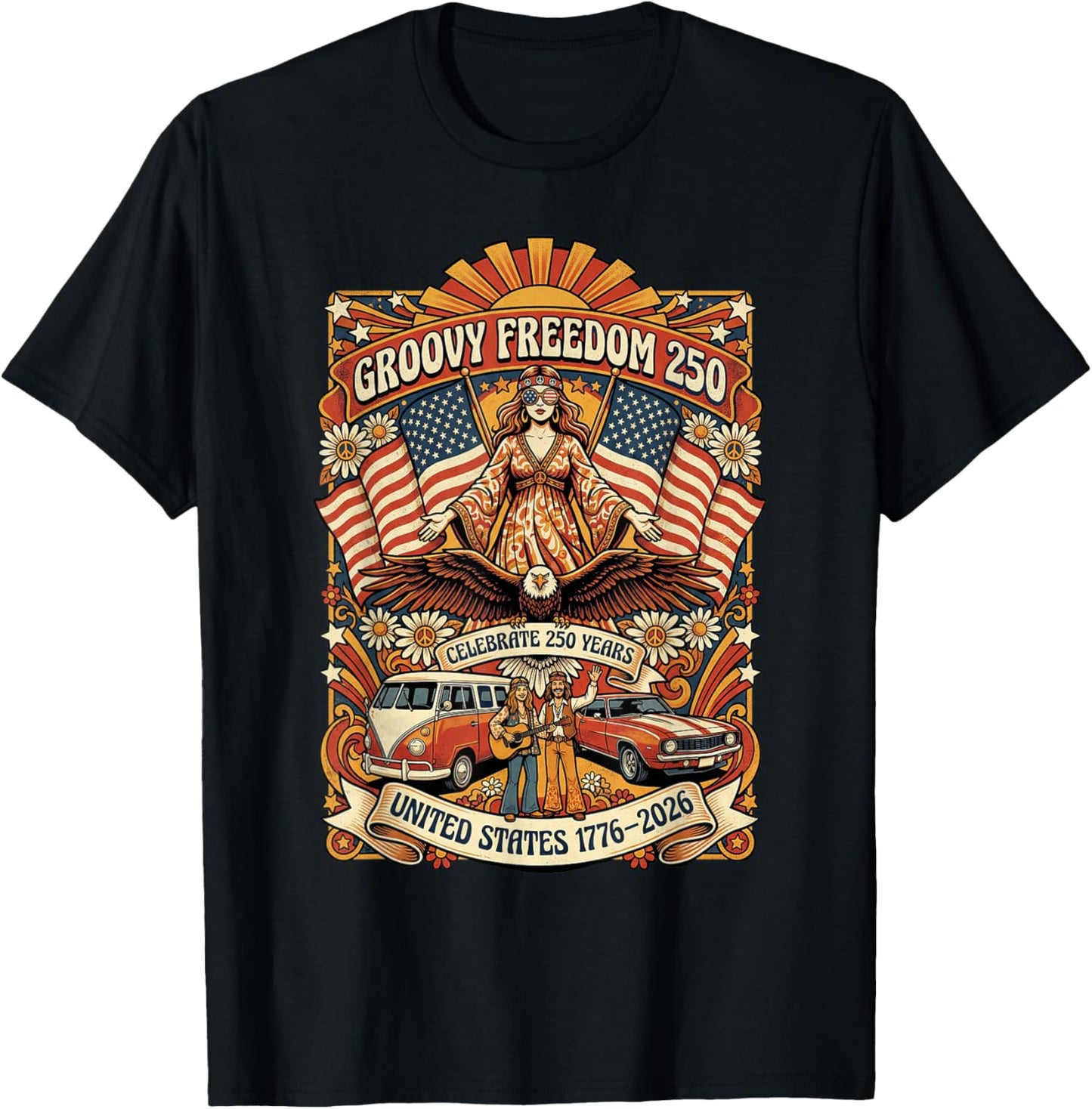 United States 1776 2026 Flower Power Roadtrip Design T-Shirt - T-Shirt | Black