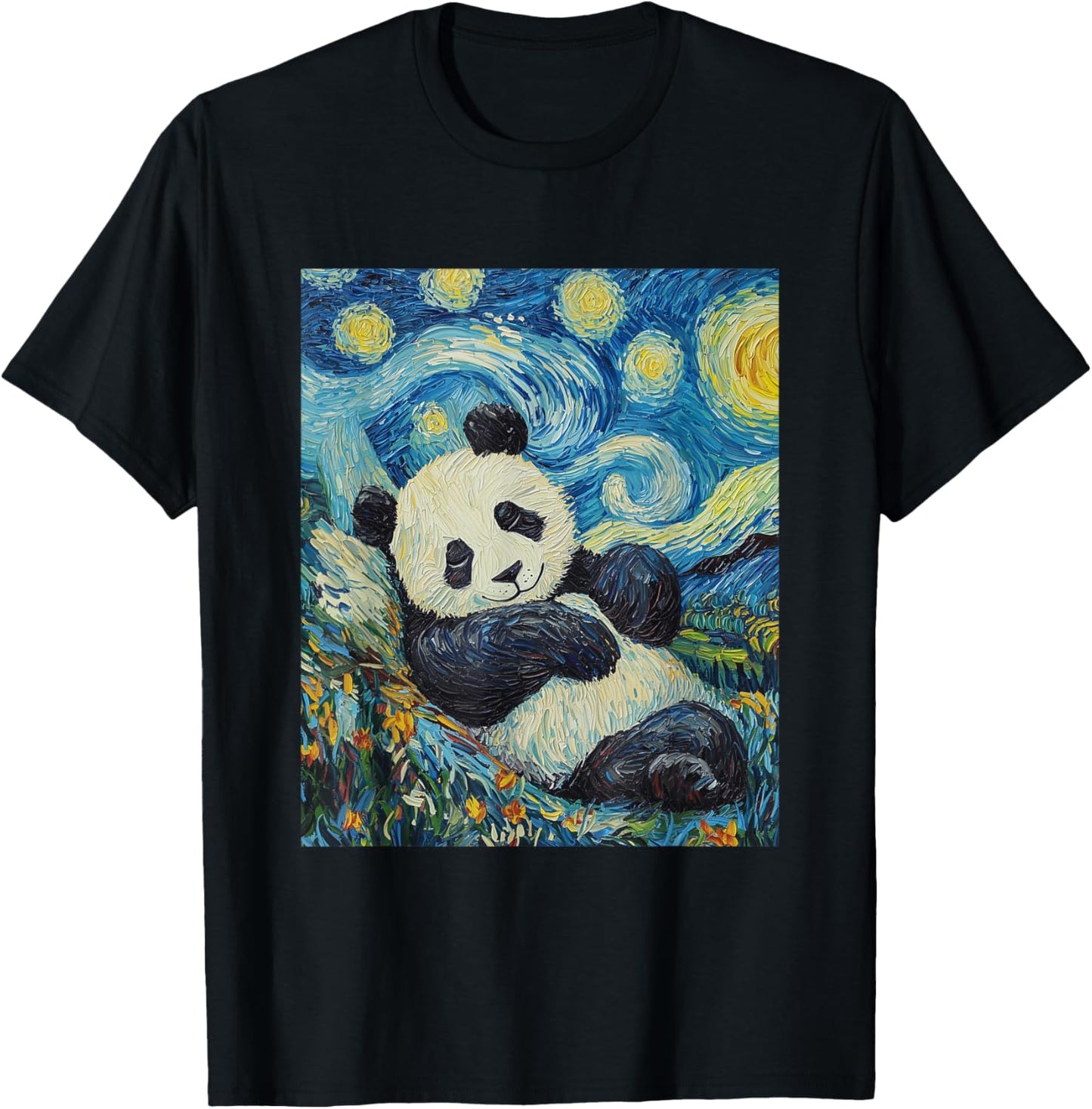 Cute Panda Bear - Van Gogh Style - Starry Night Graphic T-Shirt - T-Shirt | Black