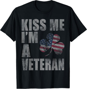 Kiss Me I'm A Veteran St Patricks Day Irish Patriotic USA T-Shirt - T-Shirt | Black