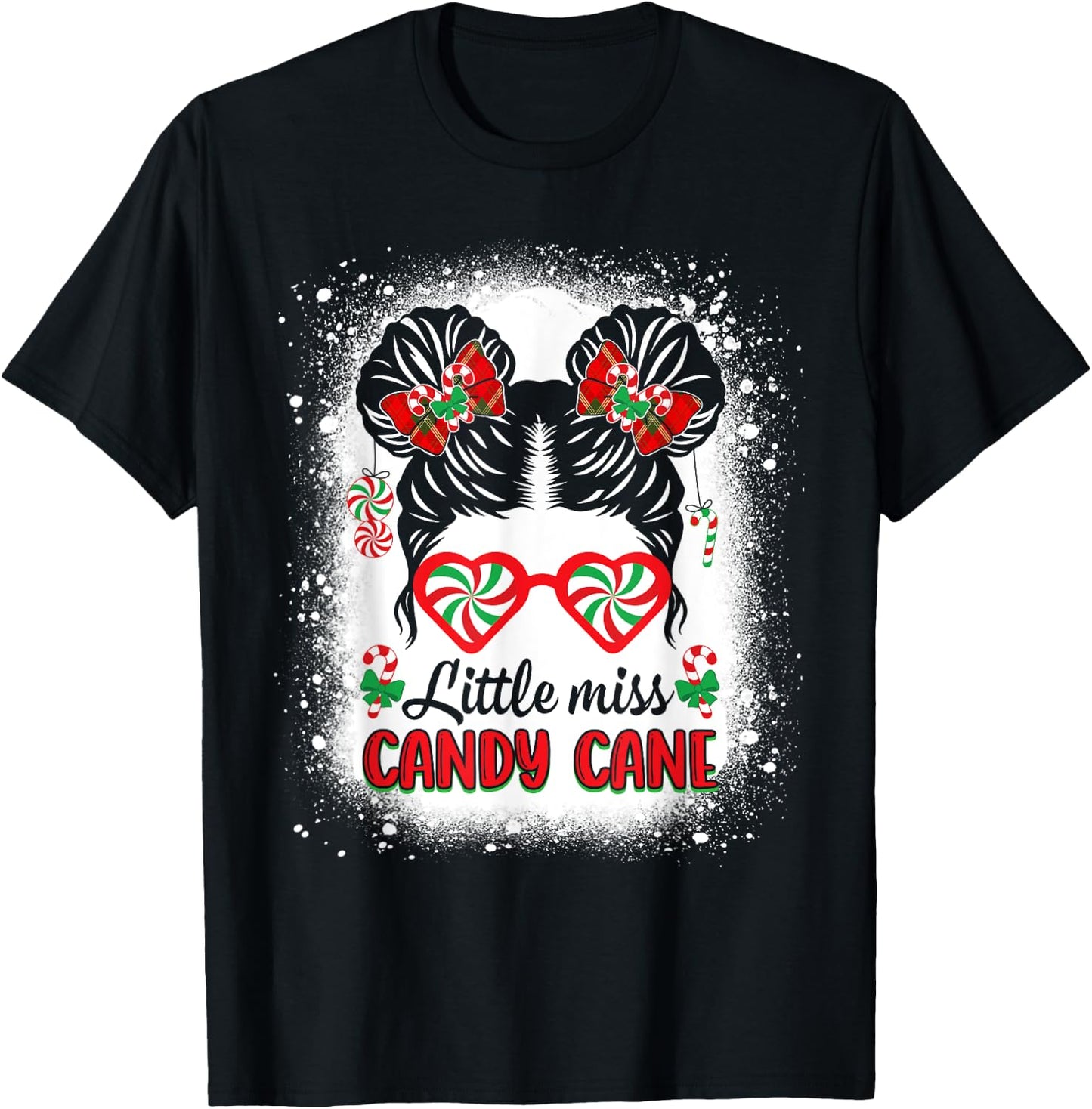 Littles Miss Candy Cane Bow Messy Bun Santa Christmas Party T-Shirt - T-Shirt | Black