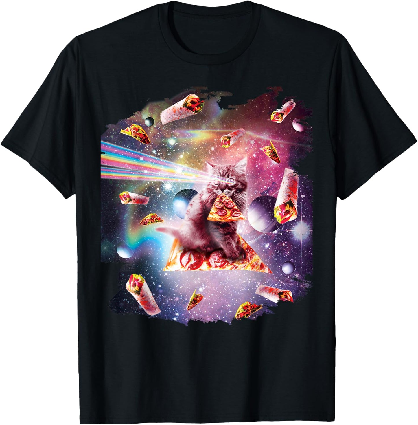 Outer Space Pizza Cat - Rainbow Laser, Taco, Burrito T-Shirt - T-Shirt | Black