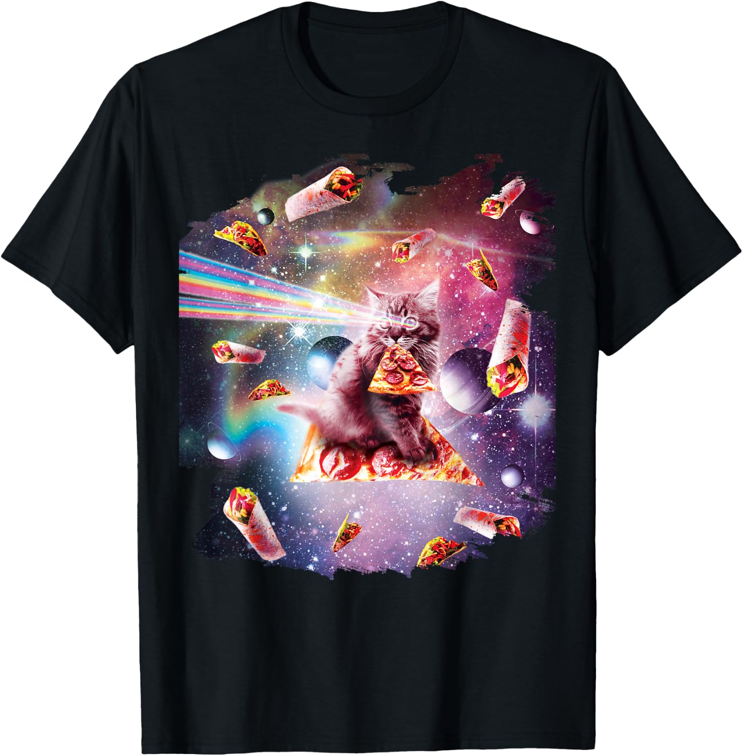 Outer Space Pizza Cat - Rainbow Laser, Taco, Burrito T-Shirt - T-Shirt | Black