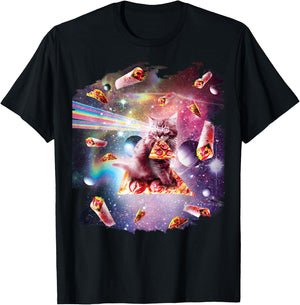 Outer Space Pizza Cat - Rainbow Laser, Taco, Burrito T-Shirt - T-Shirt | Black