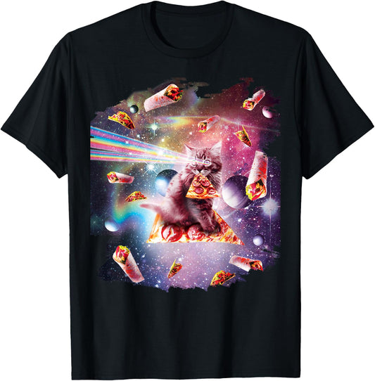 Outer Space Pizza Cat - Rainbow Laser, Taco, Burrito T-Shirt - T-Shirt | Black