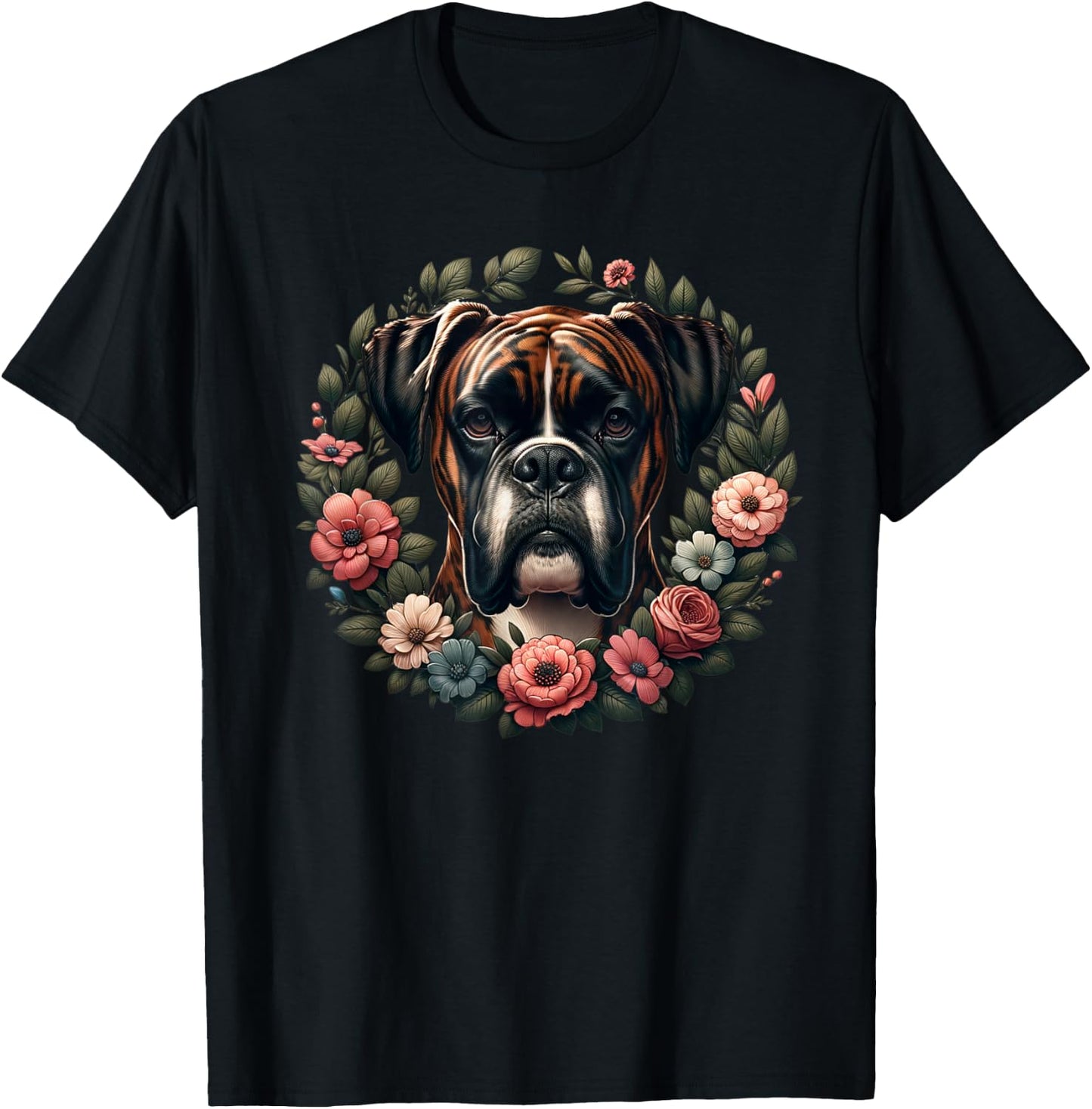 Adults & Kids Retro Floral Wreath Boxer Dog Lover - Black, Small, Short Sleeve T-Shirt - T-Shirt | Black