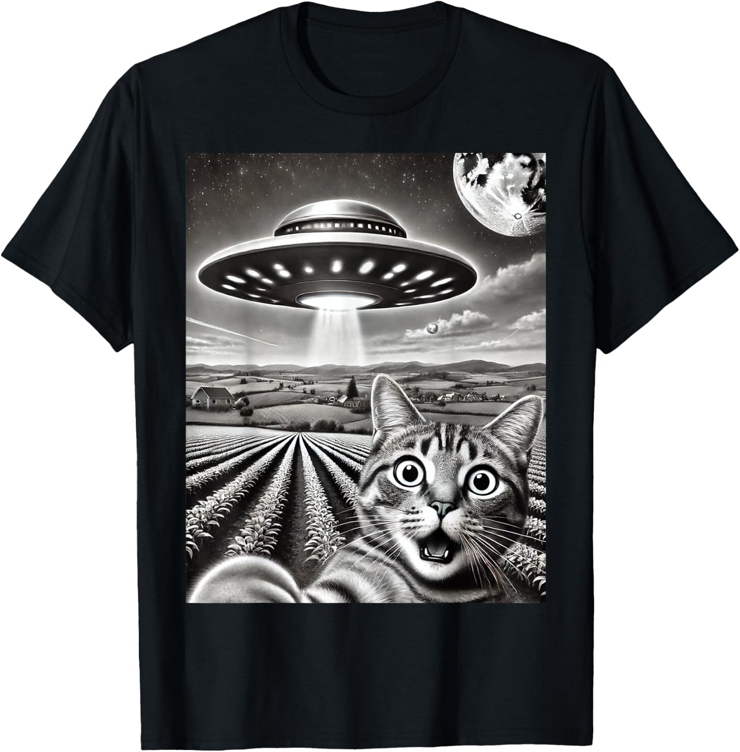 Cat Selfie With Alien UFO Funny Cat Weird Graphic Men Women Kids T-Shirt - T-Shirt | Black