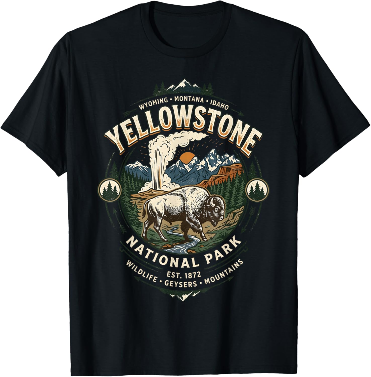 Yellowstone National Park Vintage Bison and Geyser Emblem T-Shirt - T-Shirt | Black