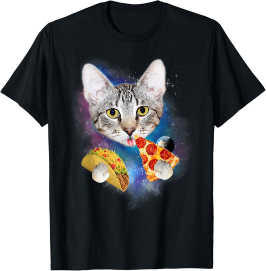 Funny Galaxy Cat Shirt | Space Cat Eat Pizza and Taco Shirt Men Women Kids T-Shirt - T-Shirt | Black