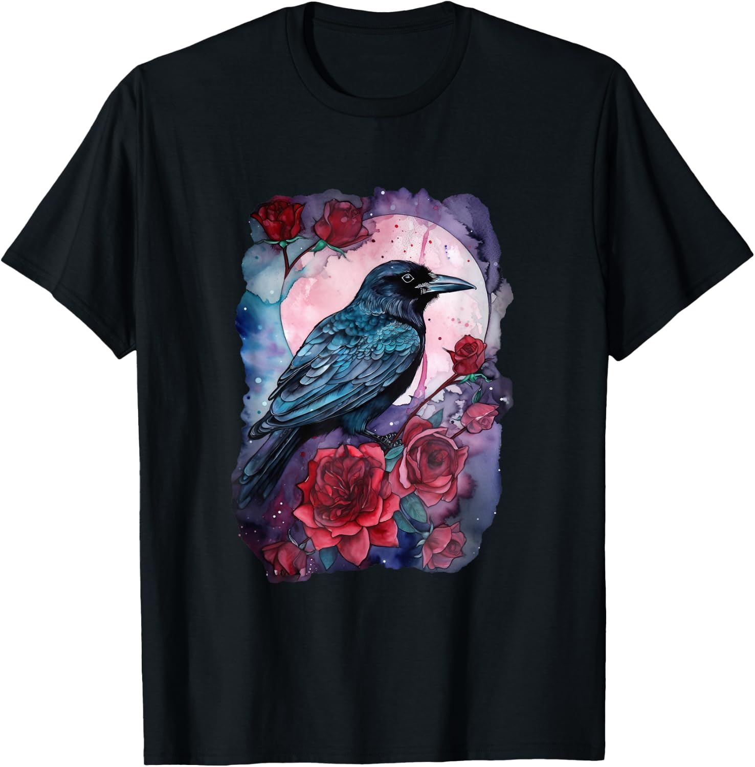 Mystical Raven and Roses - Whimsigoth Art T-Shirt - T-Shirt | Black