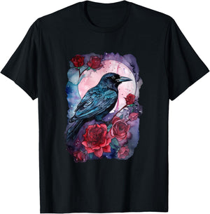 Mystical Raven and Roses - Whimsigoth Art T-Shirt - T-Shirt | Black