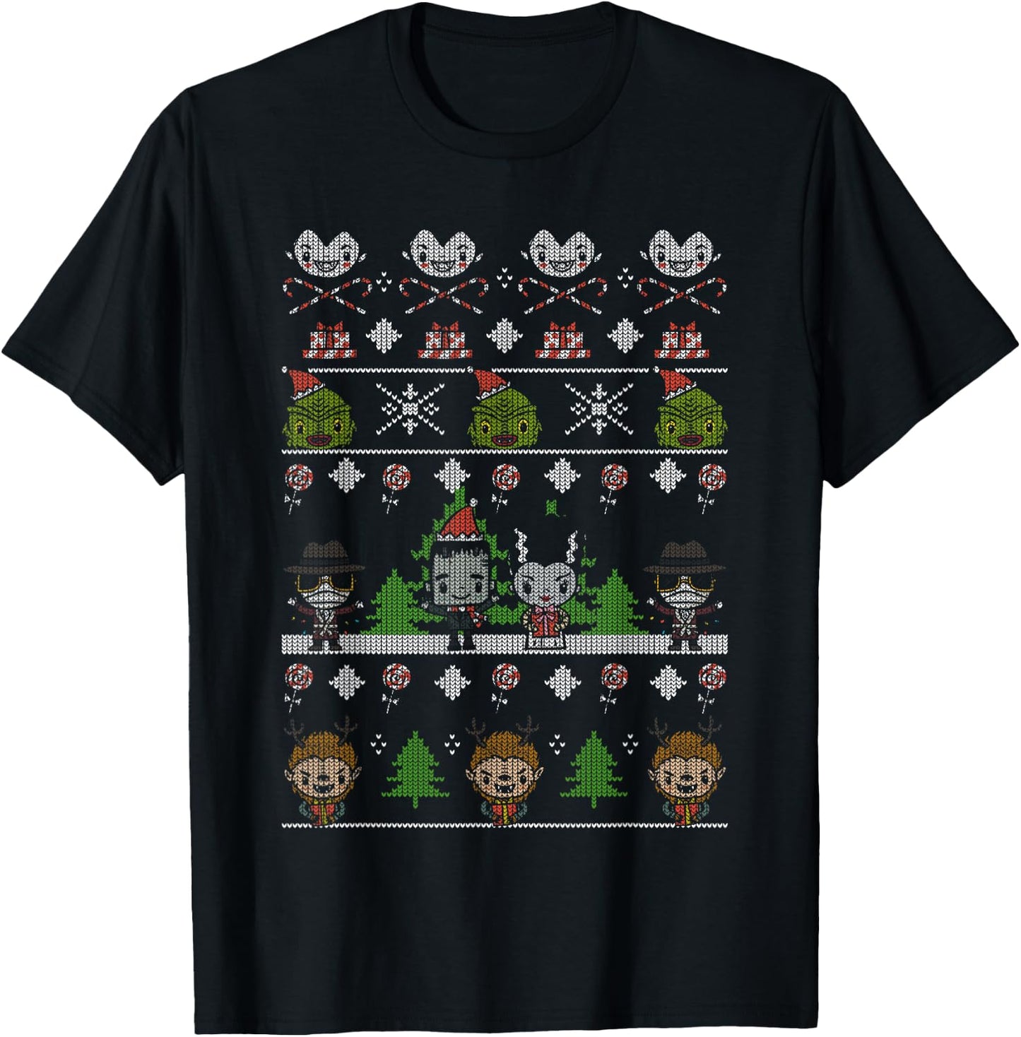 Universal Monsters Christmas Group Ugly Sweater Style T-Shirt - T-Shirt | Black