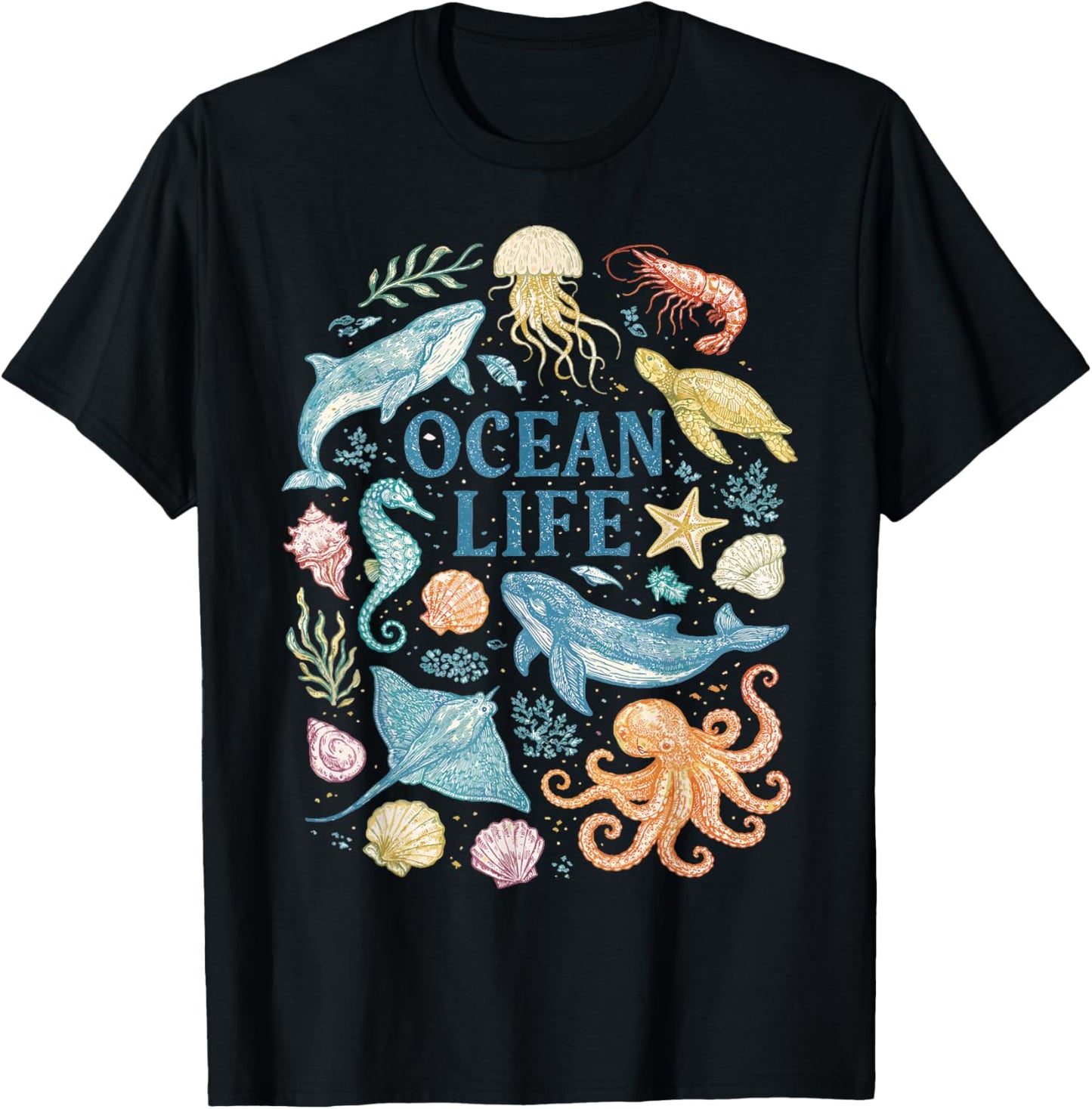 Vintage Marine Animals Sea Creature Art, an Ocean Life T-Shirt - T-Shirt | Black