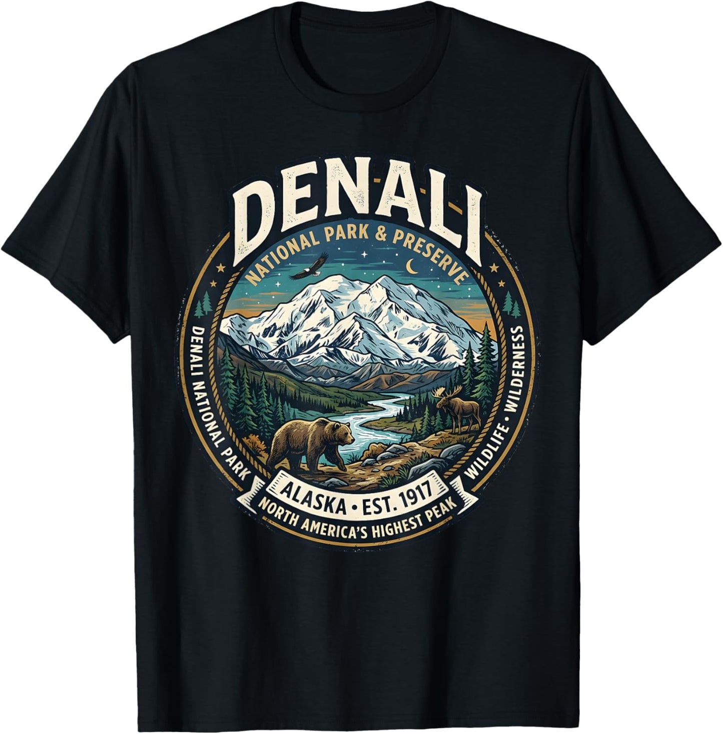 Denali National Park Alaska Mountain Wildlife Vintage Badge T-Shirt - T-Shirt | Black