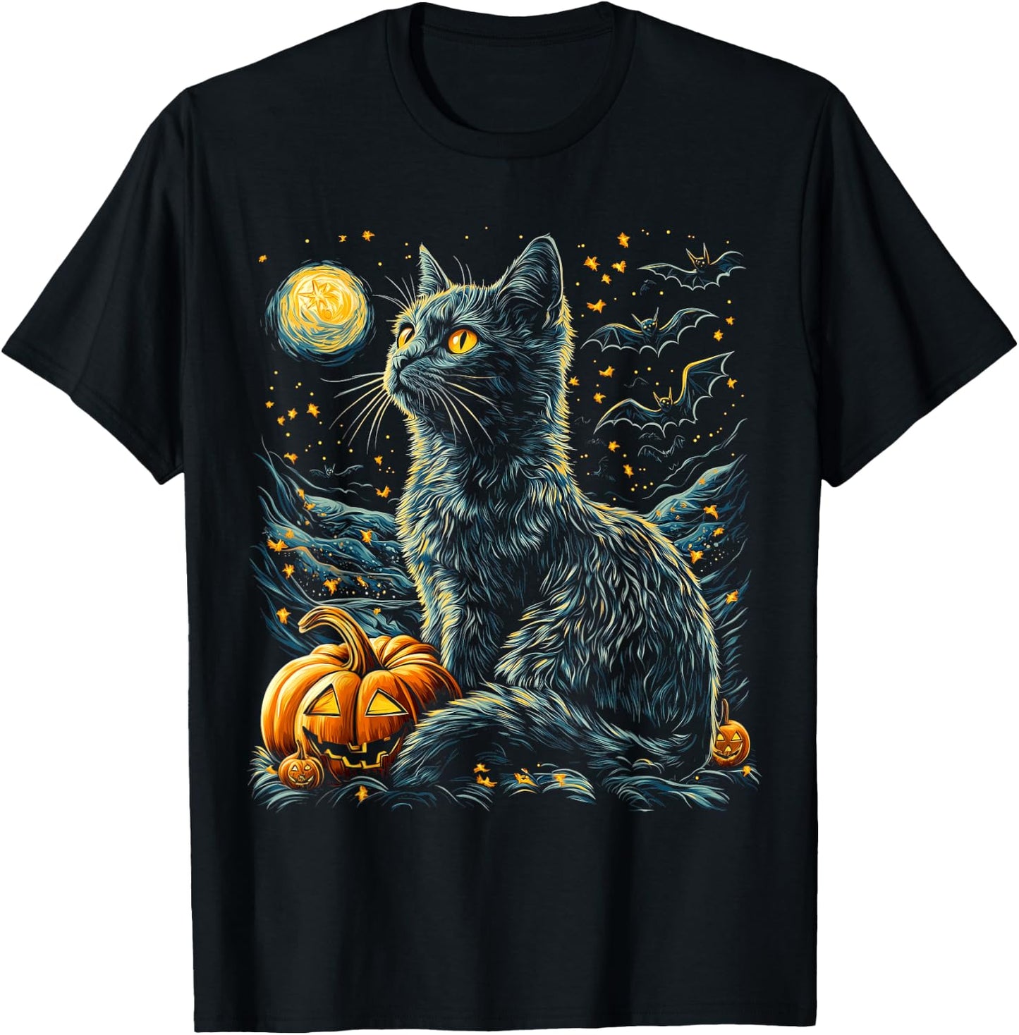 Halloween Van Gogh Starry Night Black Cat Pumpkins Bats T-Shirt - T-Shirt | Black