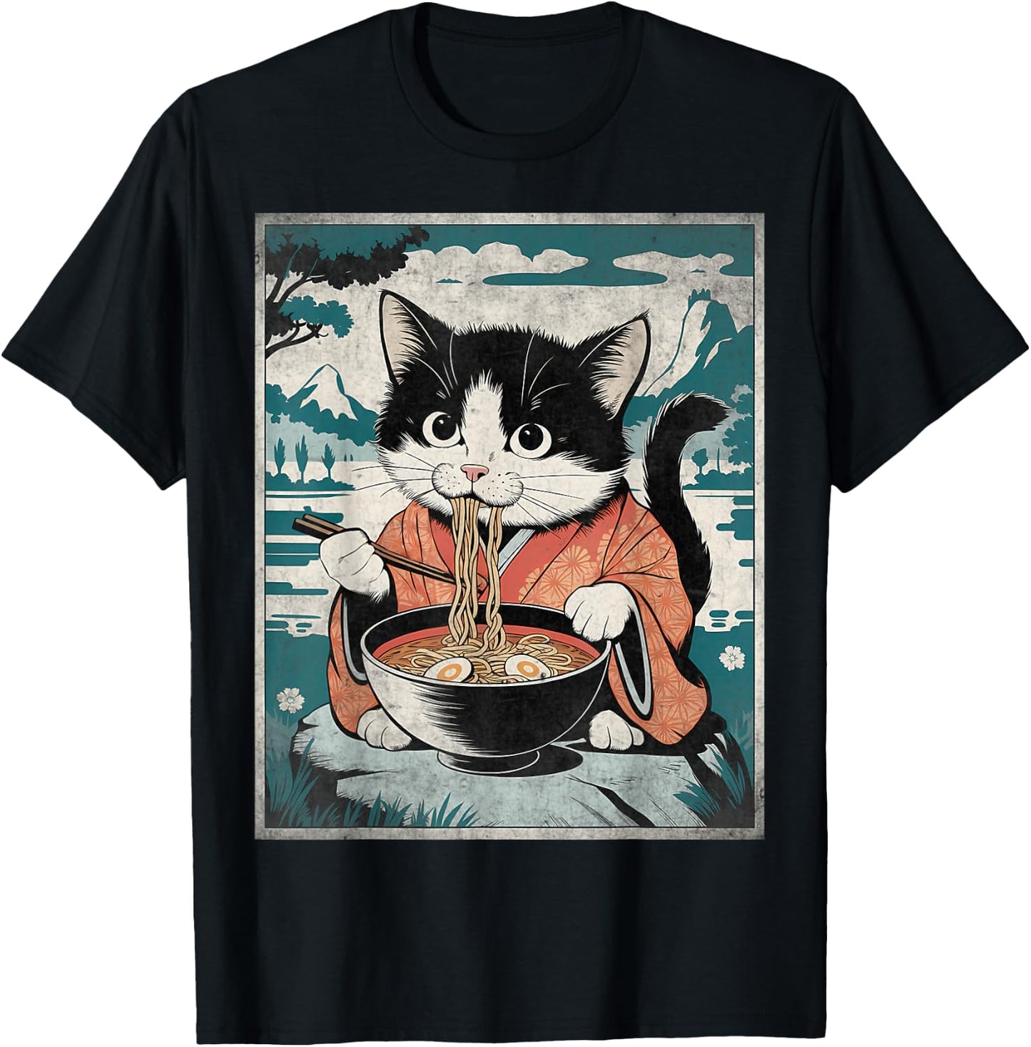 Kawaii Kimono Cat Eating Ramen Noodles Japanese Anime Manga T-Shirt - T-Shirt | Black