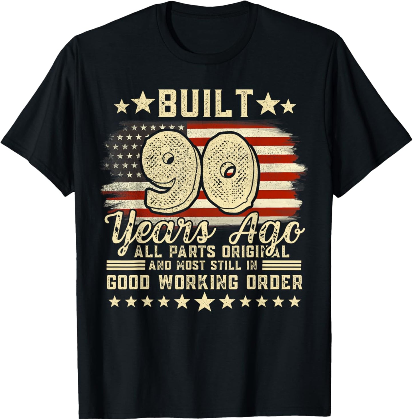 Built 90 Years Ago Funny 90th Birthday Vintage USA Flag T-Shirt - T-Shirt | Black