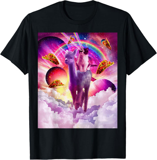 Cosmic Cat Riding Alpaca Unicorn T-Shirt - T-Shirt | Black