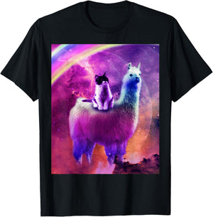 Kitty Cat Riding On Rainbow Llama In Space T-Shirt - T-Shirt | Black