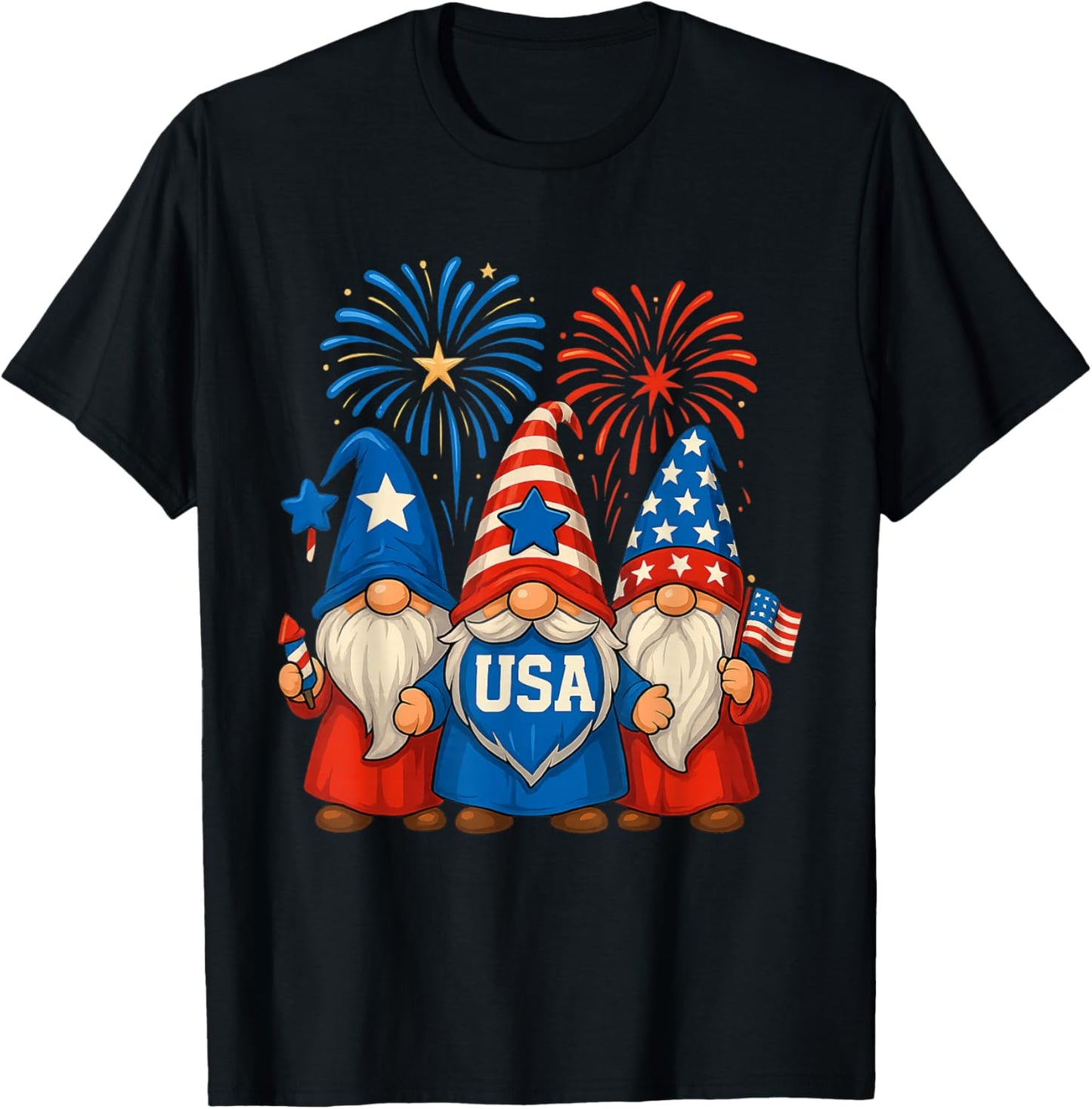 4th of July Three Gnomes Celebrating USA Independence Day T-Shirt - T-Shirt | Black