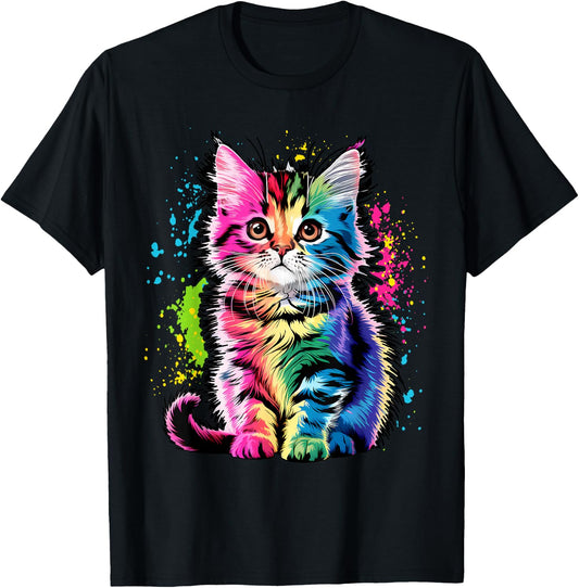 Colorful Cute Funny Rainbow Kitten Rave Psychedelic Cat Women Kids T-Shirt - T-Shirt | Black